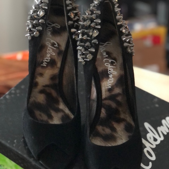 Sam Edelman Lorissa Open Toe Black Suede Studded Heels 9.5 - Picture 3 of 6